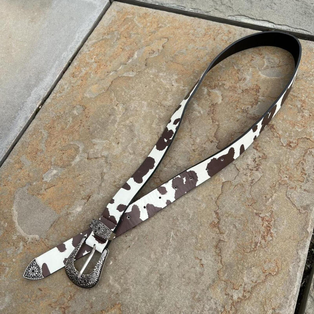 Y2K Western Cow Animal Print Faux Leather Metal Tip Belt