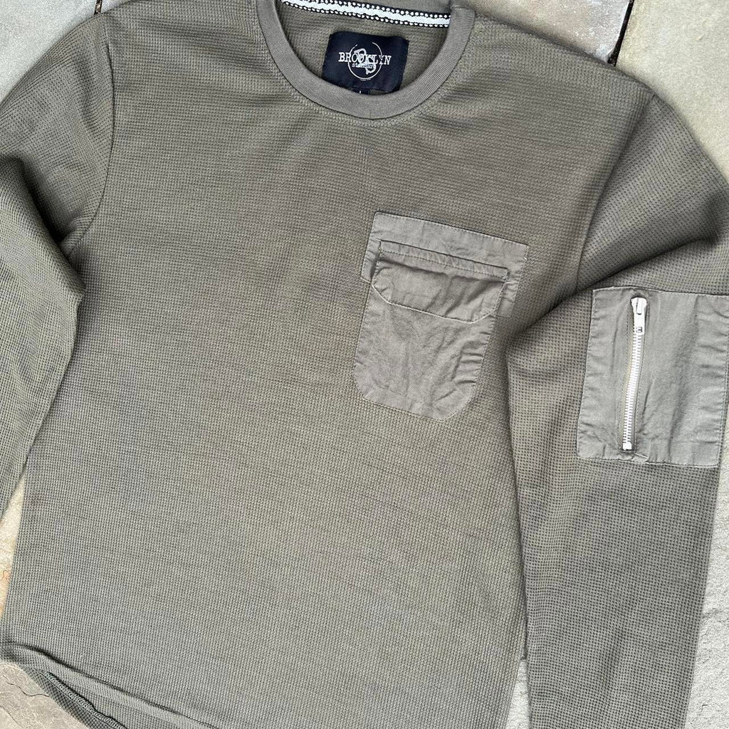 Olive Green Utility Pockets Gorpcore Waffle Knit Thermal