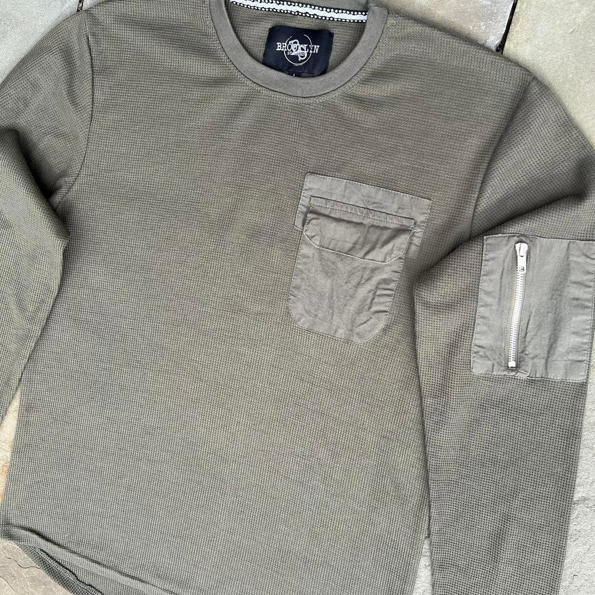 Olive Green Utility Pockets Gorpcore Waffle Knit Thermal