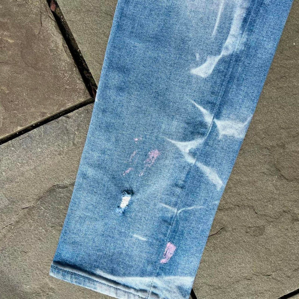 Distressed Pink Paint Splatter Ripped Light Wash Slim Jeans