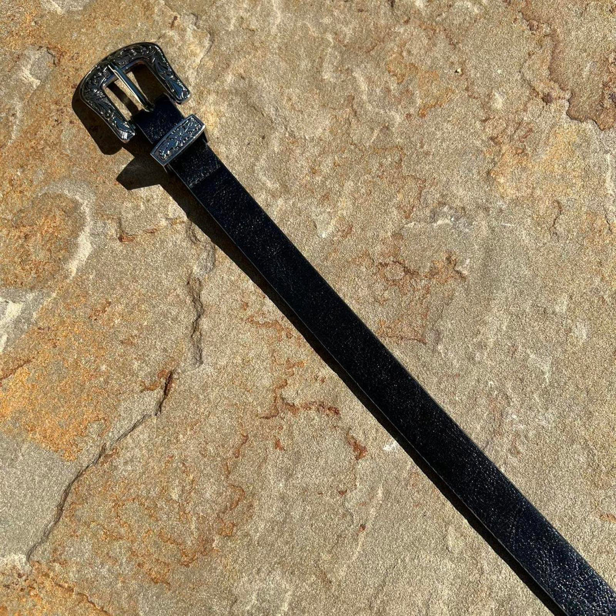 Black Double Buckle Black Faux Leather Metal Tipped Belt