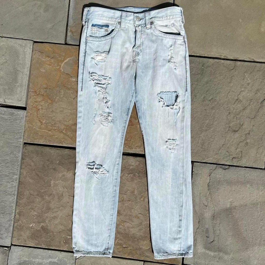 True Religion Distressed Light Wash Slouchy Tapered Jeans 32