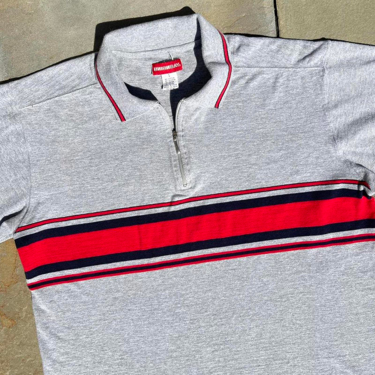 Vintage Y2K Grey + Red Colorblock Stripe Zip Polo