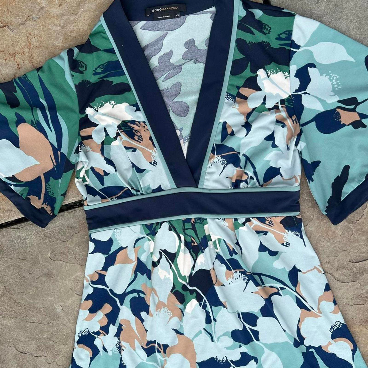 Teal Blue Floral V-neck Blouse