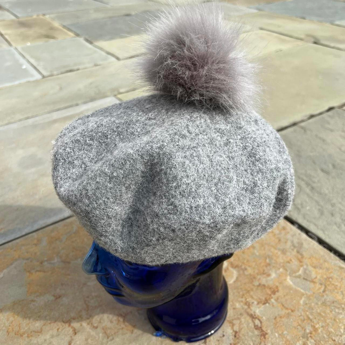 Wool Blend Grey Beret Poof Hat