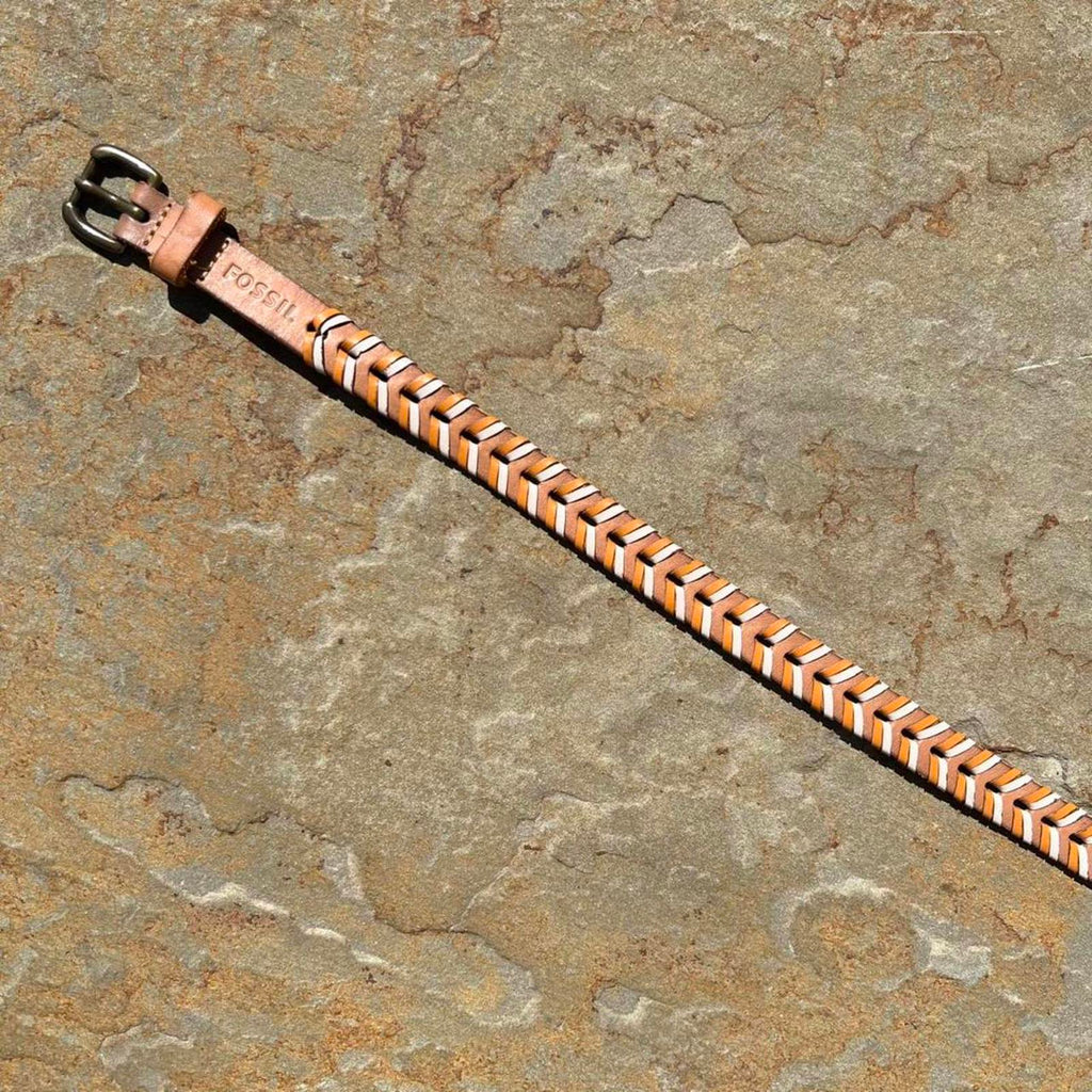 Y2K Fossil Tan/Cream/Brown Leather Woven Western Belt
