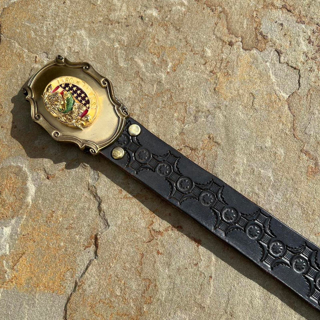 Vintage 70s Fishing Buckle Embossed Black Leather Belt