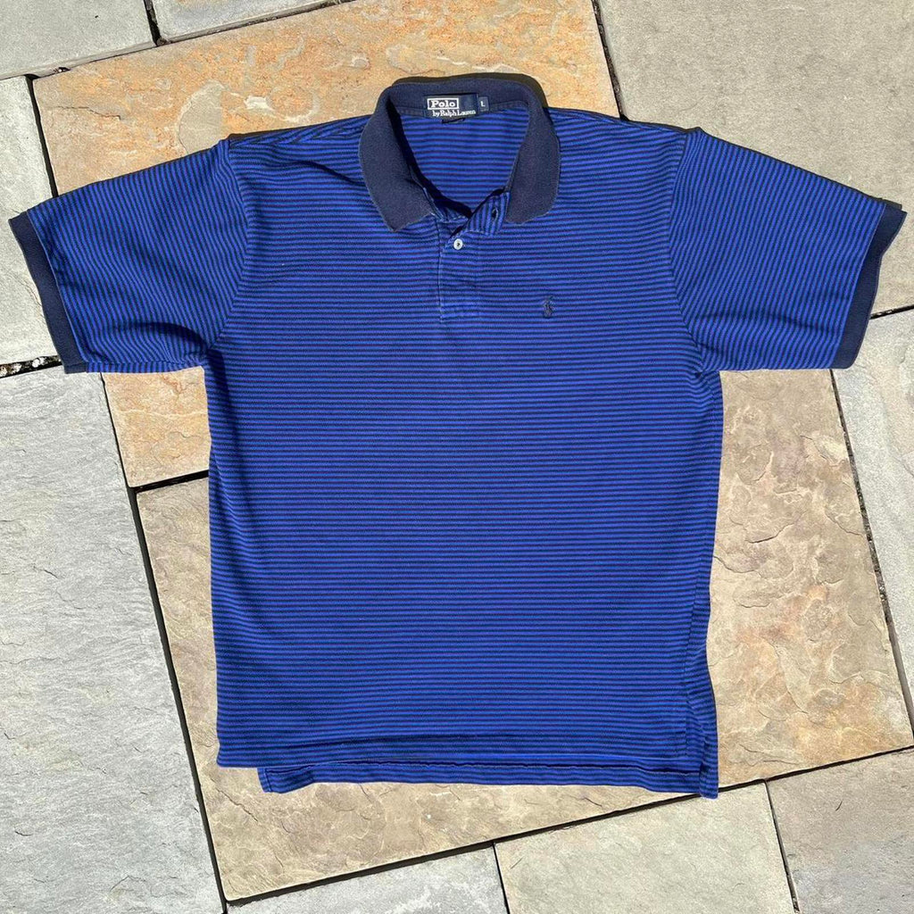 Y2K Polo by Ralph Lauren Blue Navy Micro Stripe Pique Polo