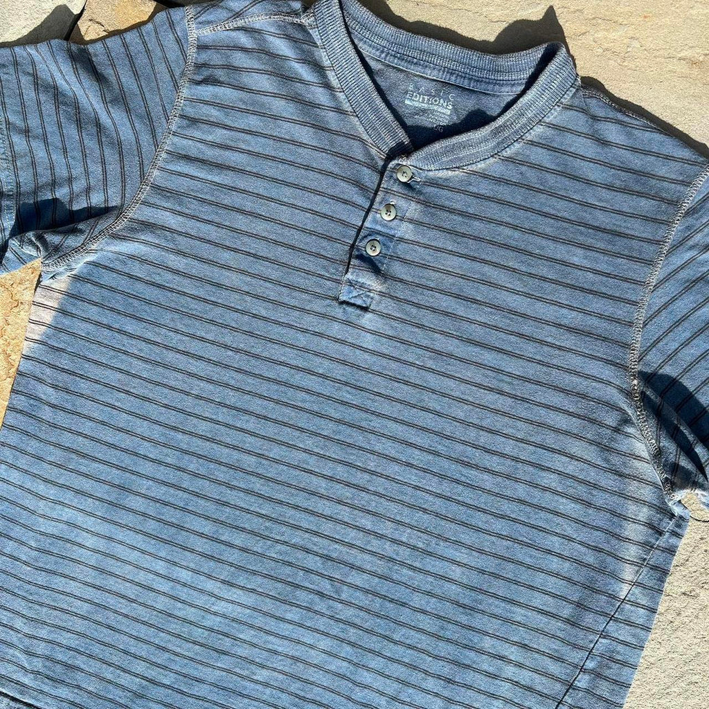 Y2K Blue Tan Overdyed Reworked Striped Henley
