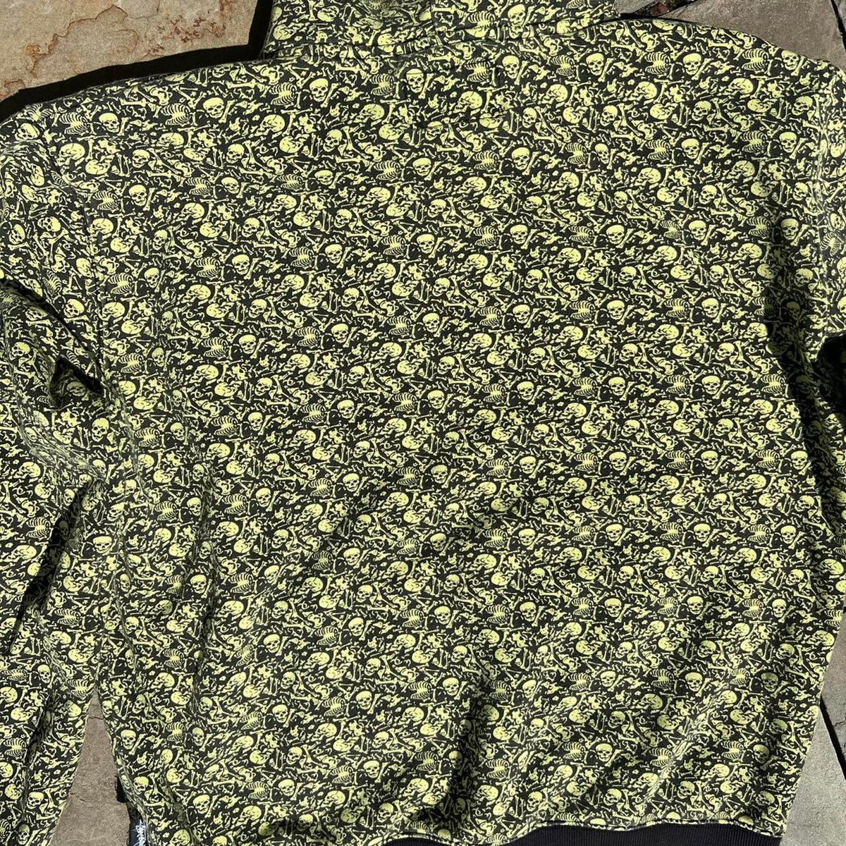 Stussy Rare Skull + Bones Pattern Hoodie Highlighter Yellow