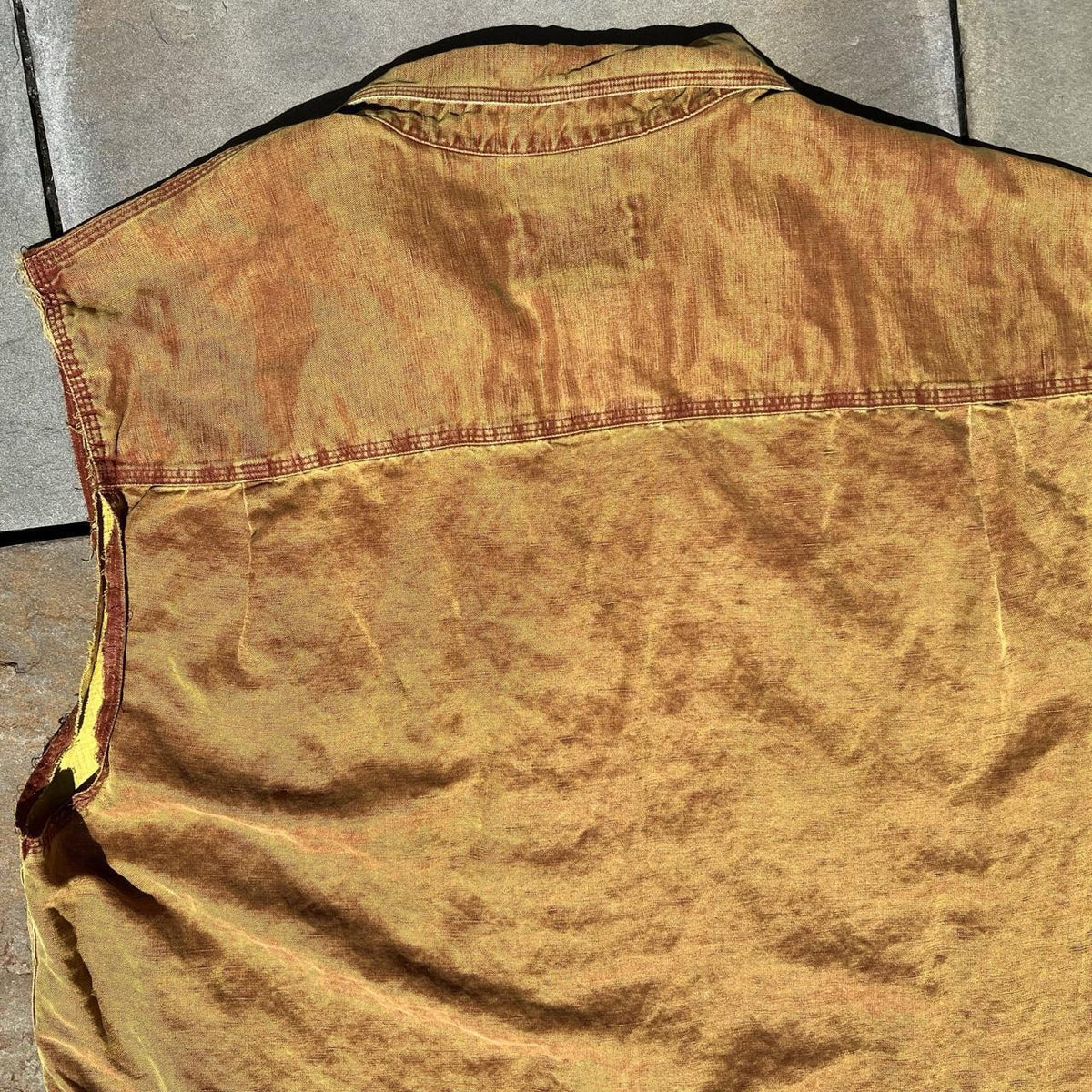 Vintage 90s Brown Yellow Cutoff Sleeve Silk/Linen Vest