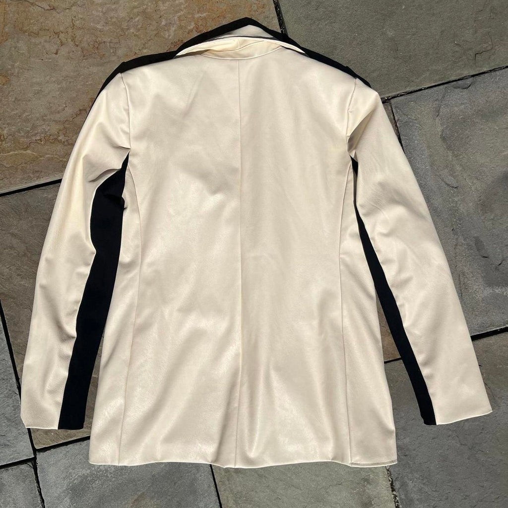 Cream Black Contrast Faux Leather Blazer Jacket