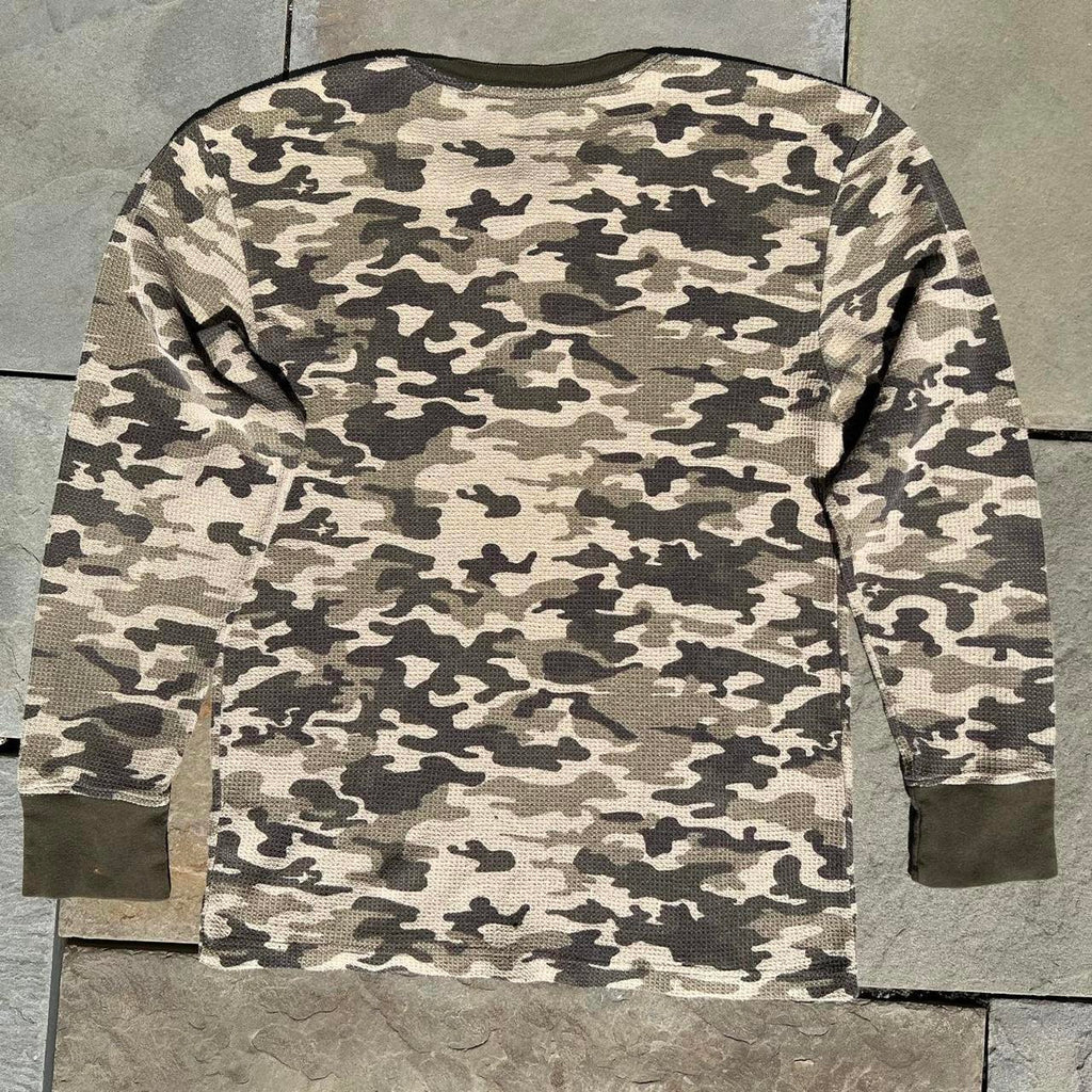 Y2K Tan Camo Waffle Knit Thermal Henley