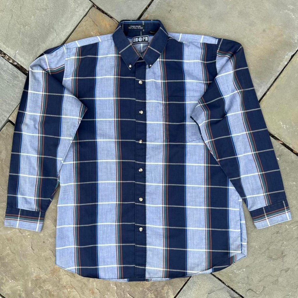 Vintage 80s Blue Vertical Plaid Button Down Shirt