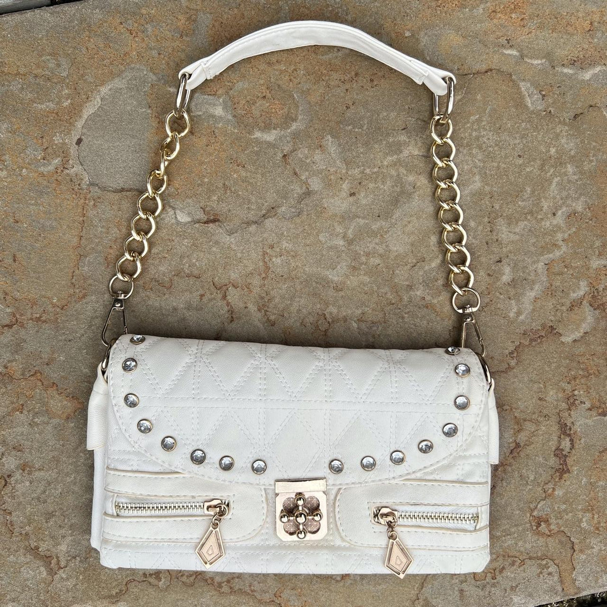 White + gold quilted leather shoulder bag
