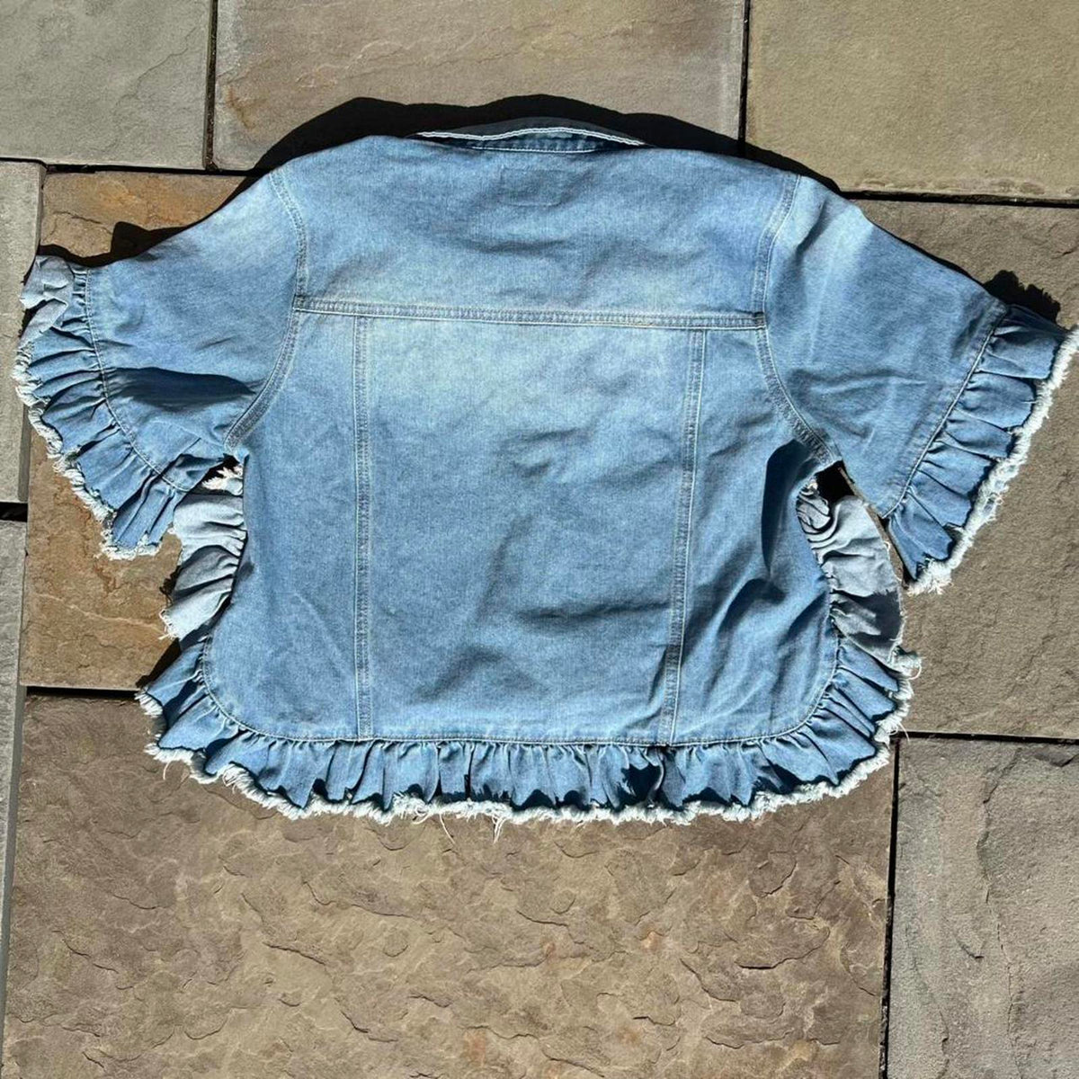 NWT Stonewashed Denim Ruched Frill Jacket
