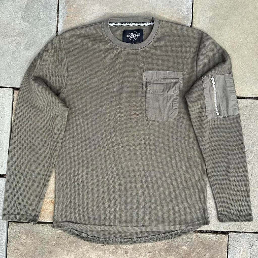Olive Green Utility Pockets Gorpcore Waffle Knit Thermal