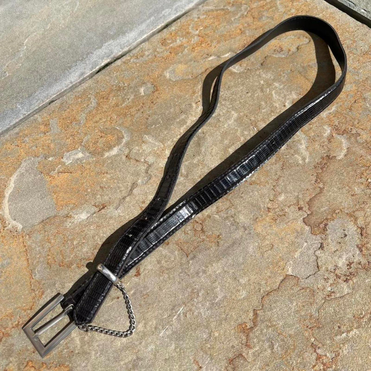 90s Black Croc Embossed Faux Leather Chain Belt