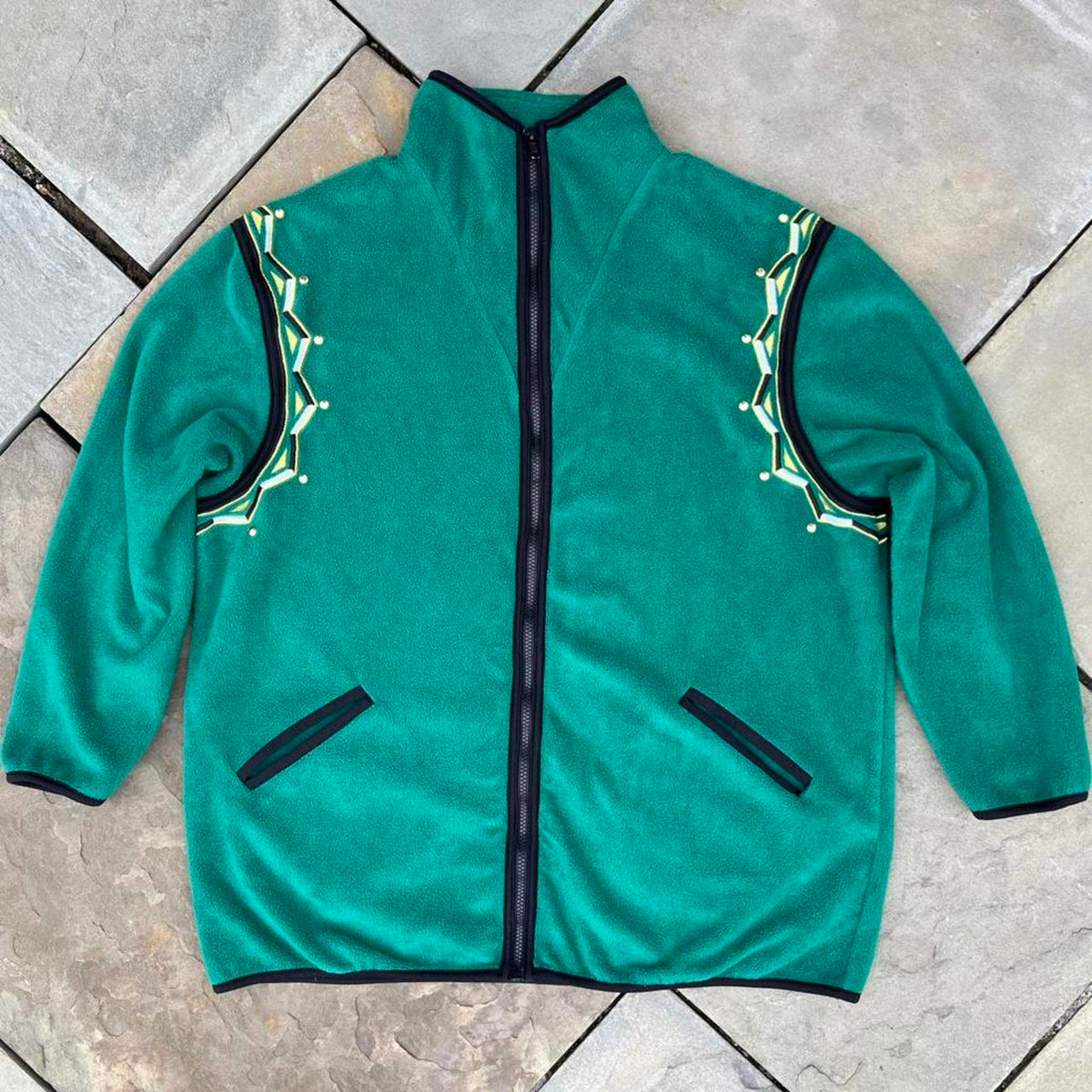 Vintage 80s Green Fleece Embroidered Zip Jacket