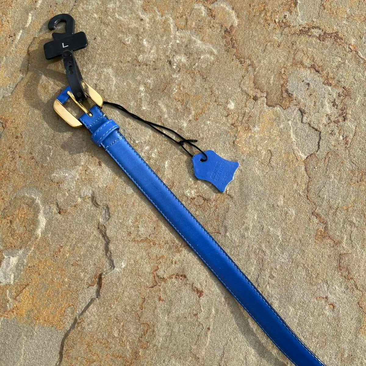 Deadstock NWT Vintage 90s Blue Leather Thin Square Tip Belt