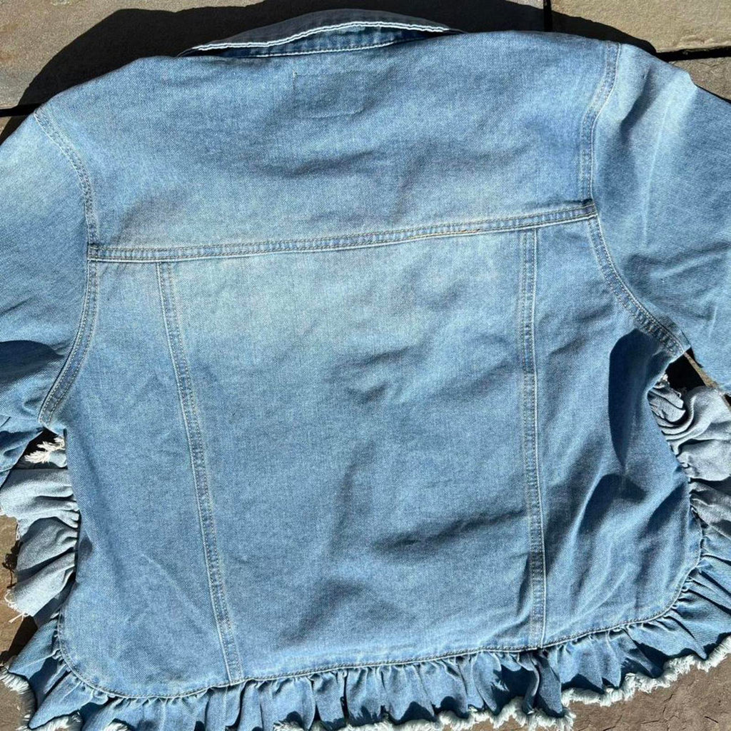 NWT Stonewashed Denim Ruched Frill Jacket