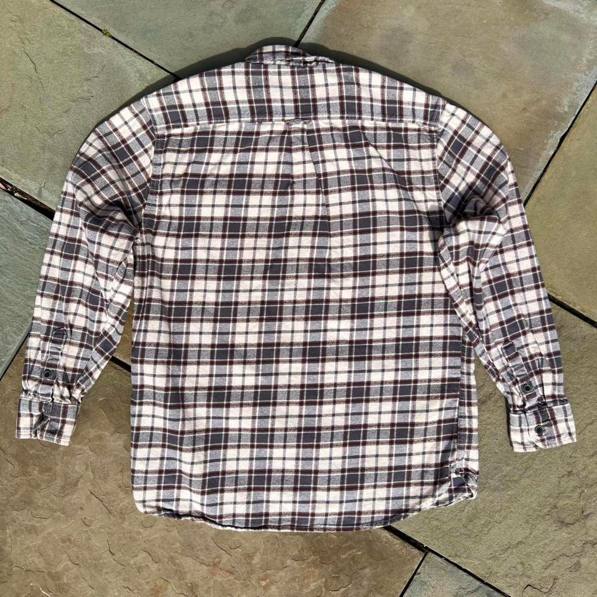 Cream/Grey/Burgundy Plaid Knit Flannel Button Down Shirt