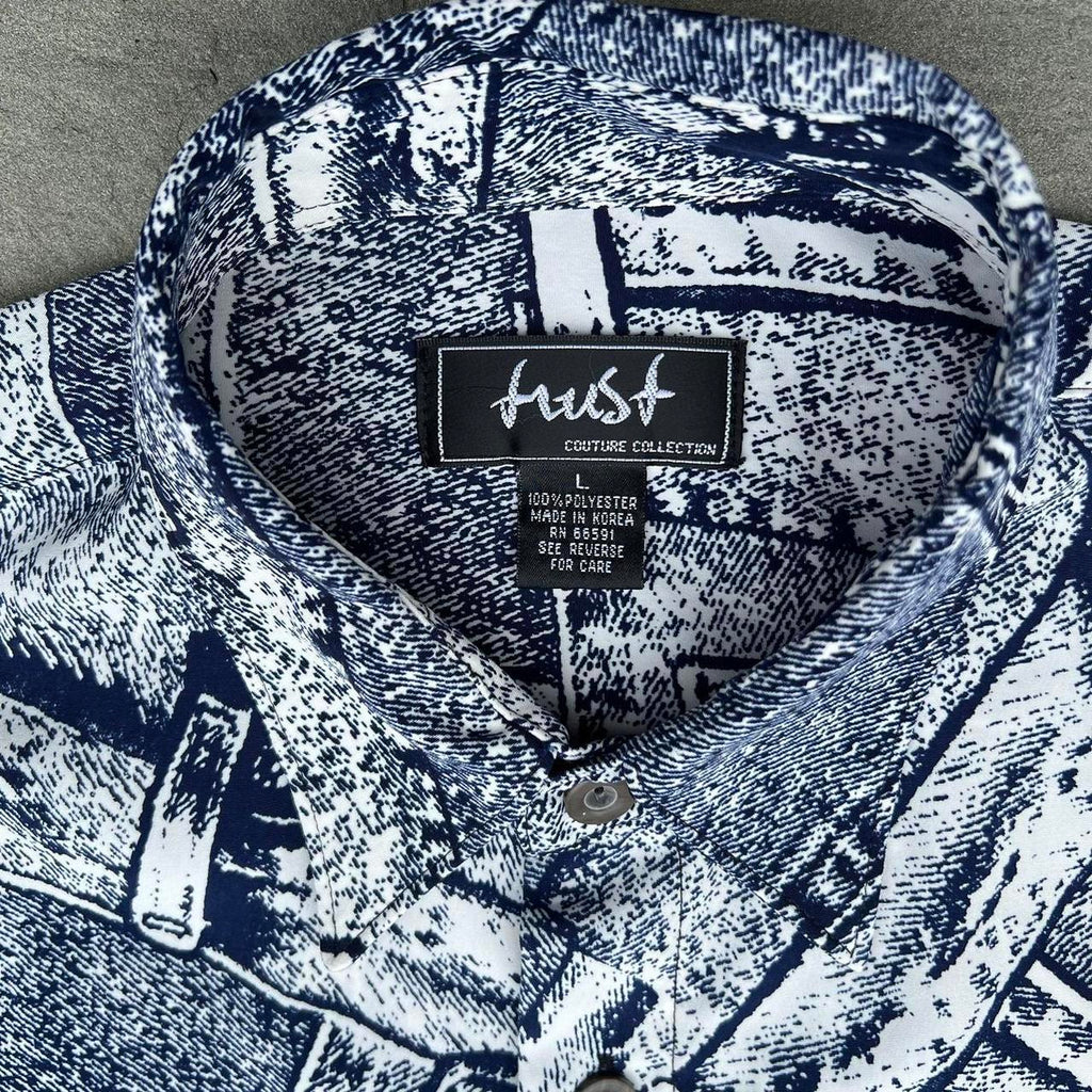 Vintage 90s Trompe L’oeil Jeans Pattern Club Shirt