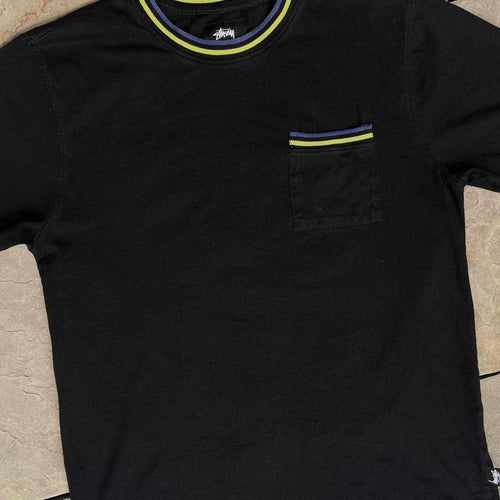 Black Stüssy Jacquard Green Blue Trim Pocket T-shirt