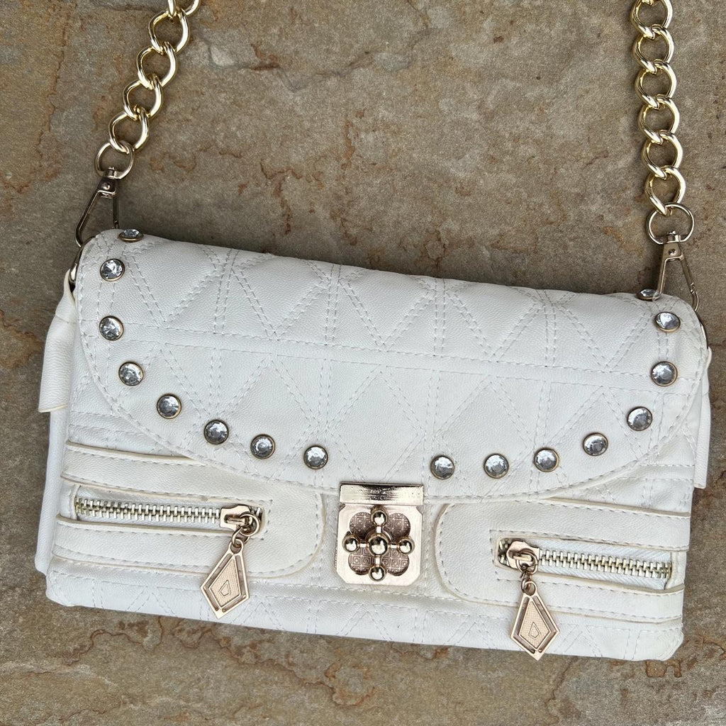 White + gold quilted leather shoulder bag