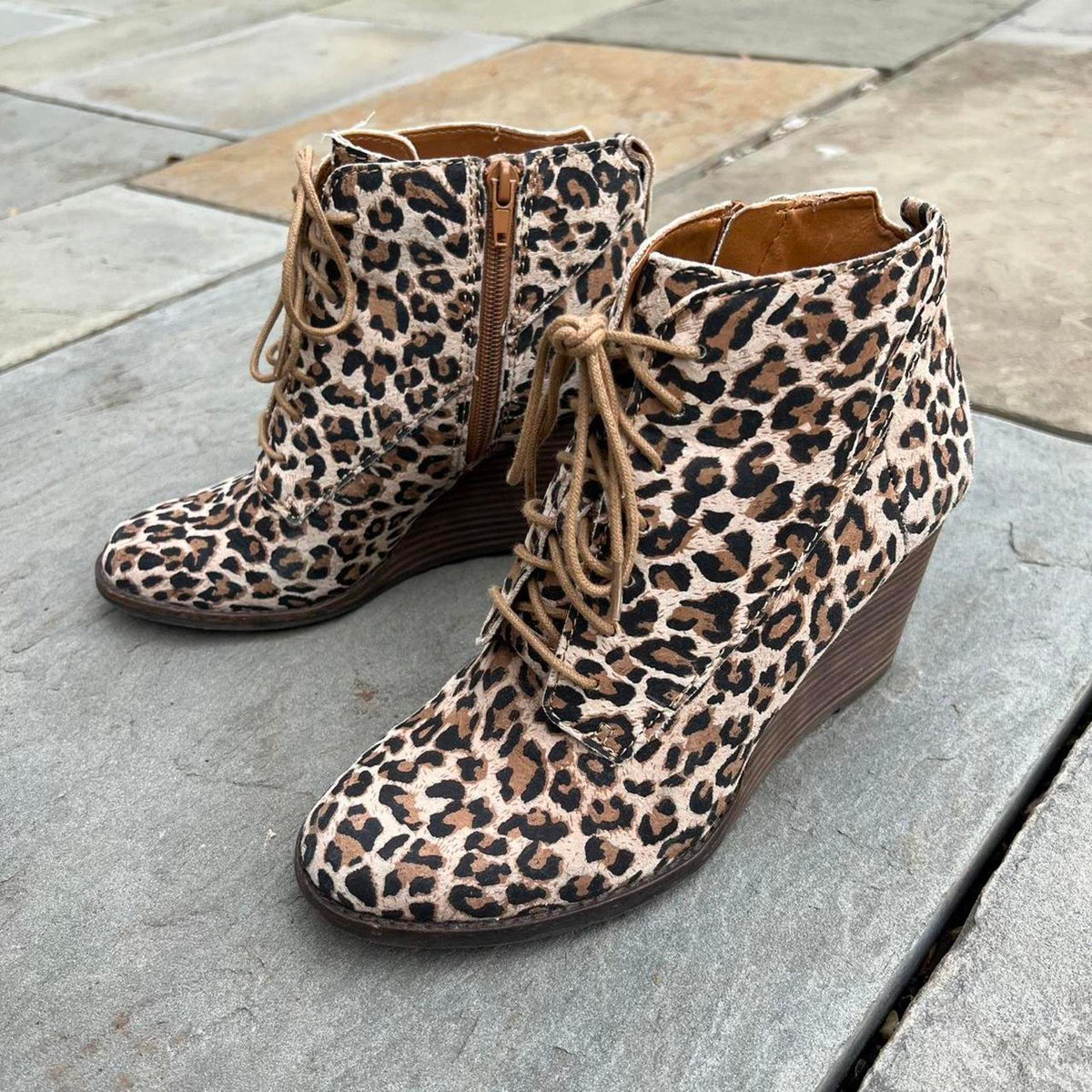 Leopard Lace Up Wedge Heel Ankle Boots