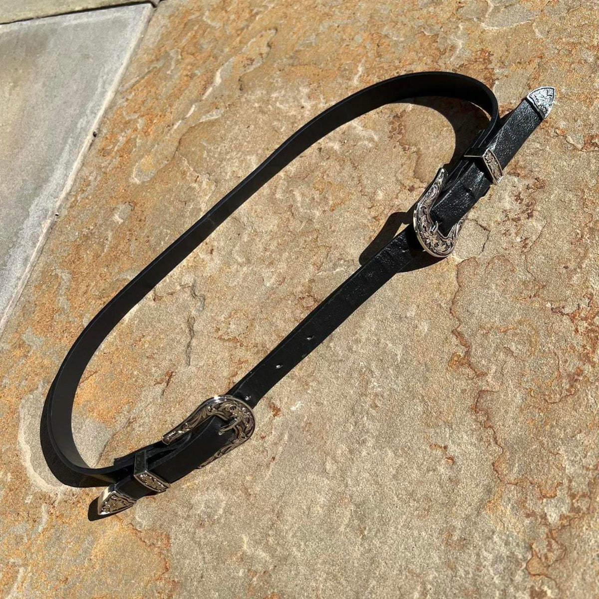 Black Double Buckle Black Faux Leather Metal Tipped Belt