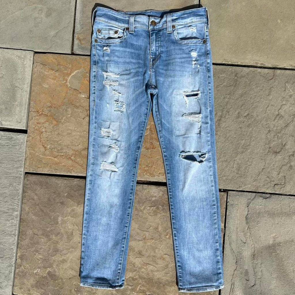 True Religion Distressed Light Wash Relaxed Skinny Jeans 32
