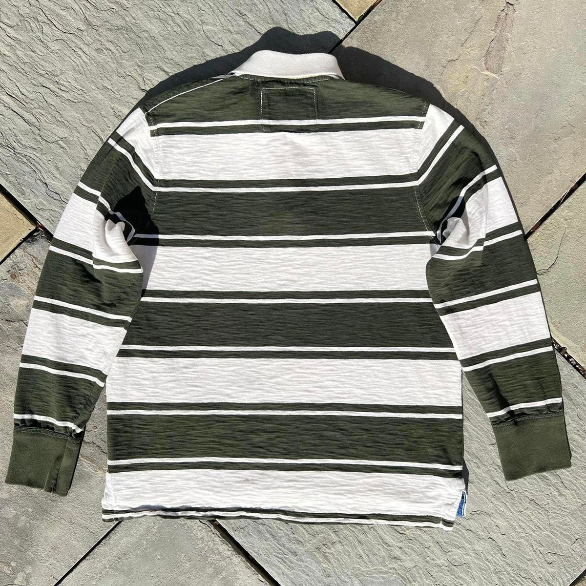 Green and White Thick Striped Slub Rugby Polo