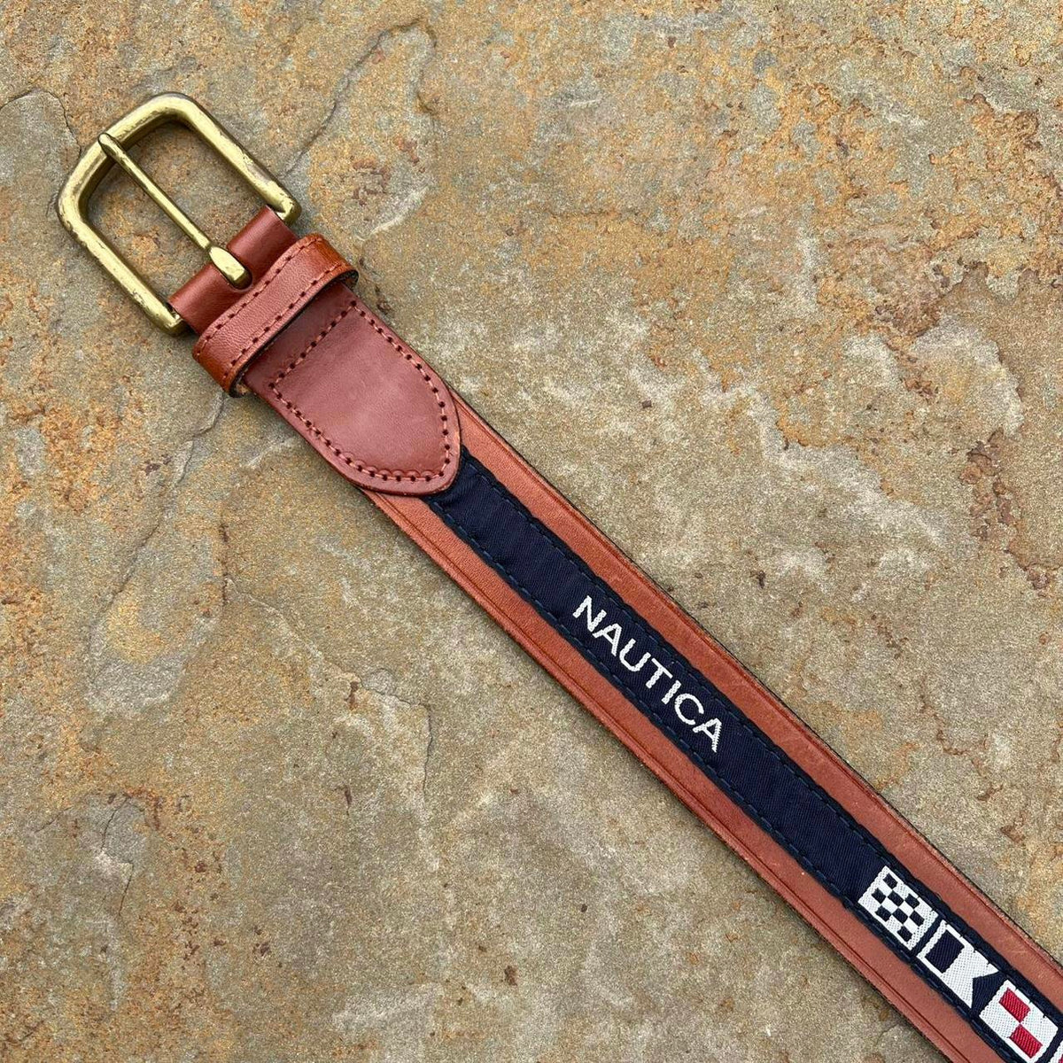 Y2K Nautica Brown Leather Flag Taping Belt