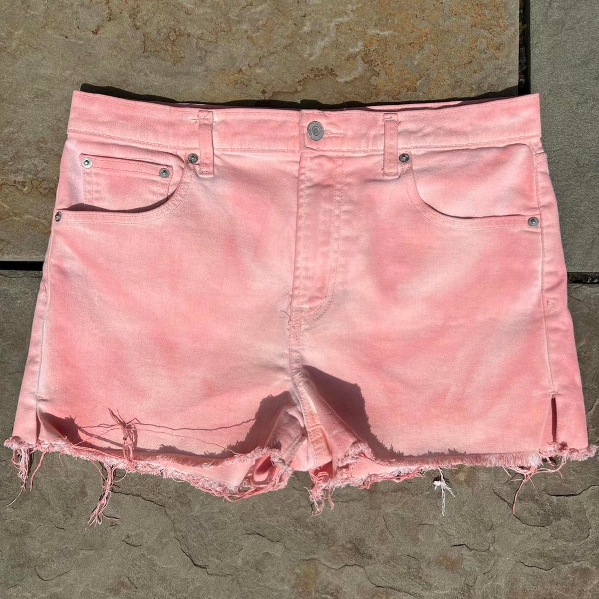 Pink Peach Overdyed Reworked Frayed Denim Shorts