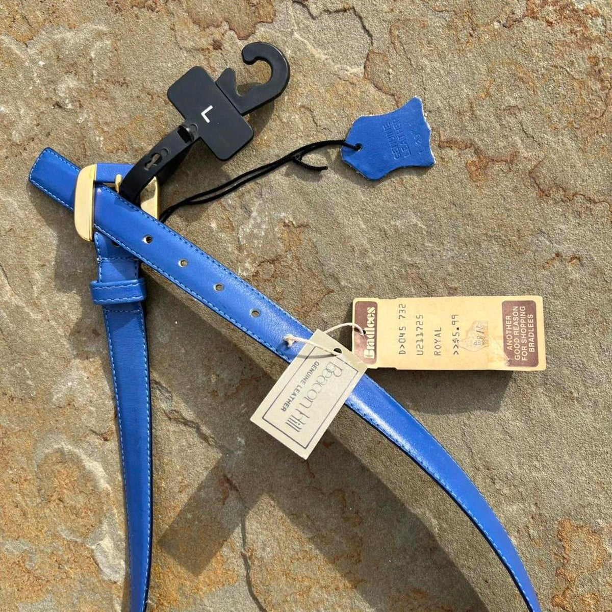 Deadstock NWT Vintage 90s Blue Leather Thin Square Tip Belt