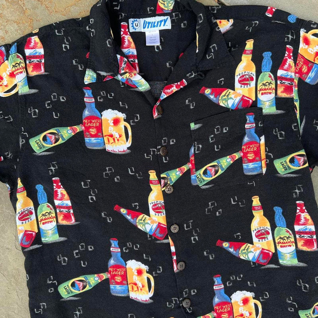 Black Short Sleeve Beer Pattern Button Down Shirt