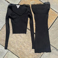 2 Piece Vertical Texture Knit V-Neck Sweater Split Skirt Set