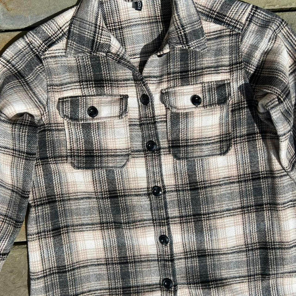 Houndstooth Plaid Button Down Thick Knit Shirt Jacket