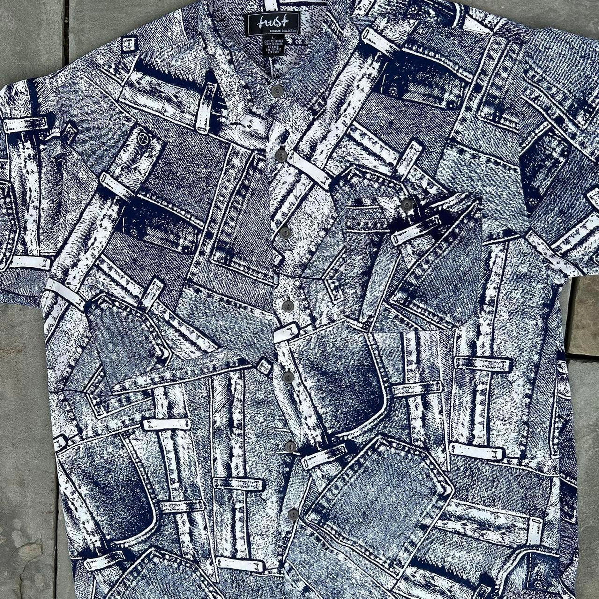 Vintage 90s Trompe L’oeil Jeans Pattern Club Shirt