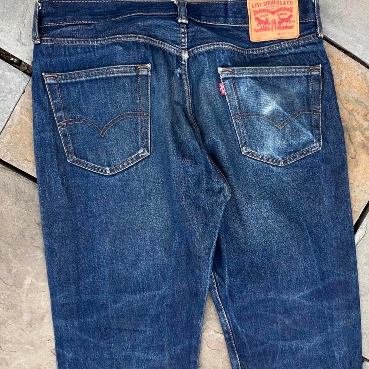Naturally Distressed Dark Indigo Wash Levi’s Denim 501 Jeans