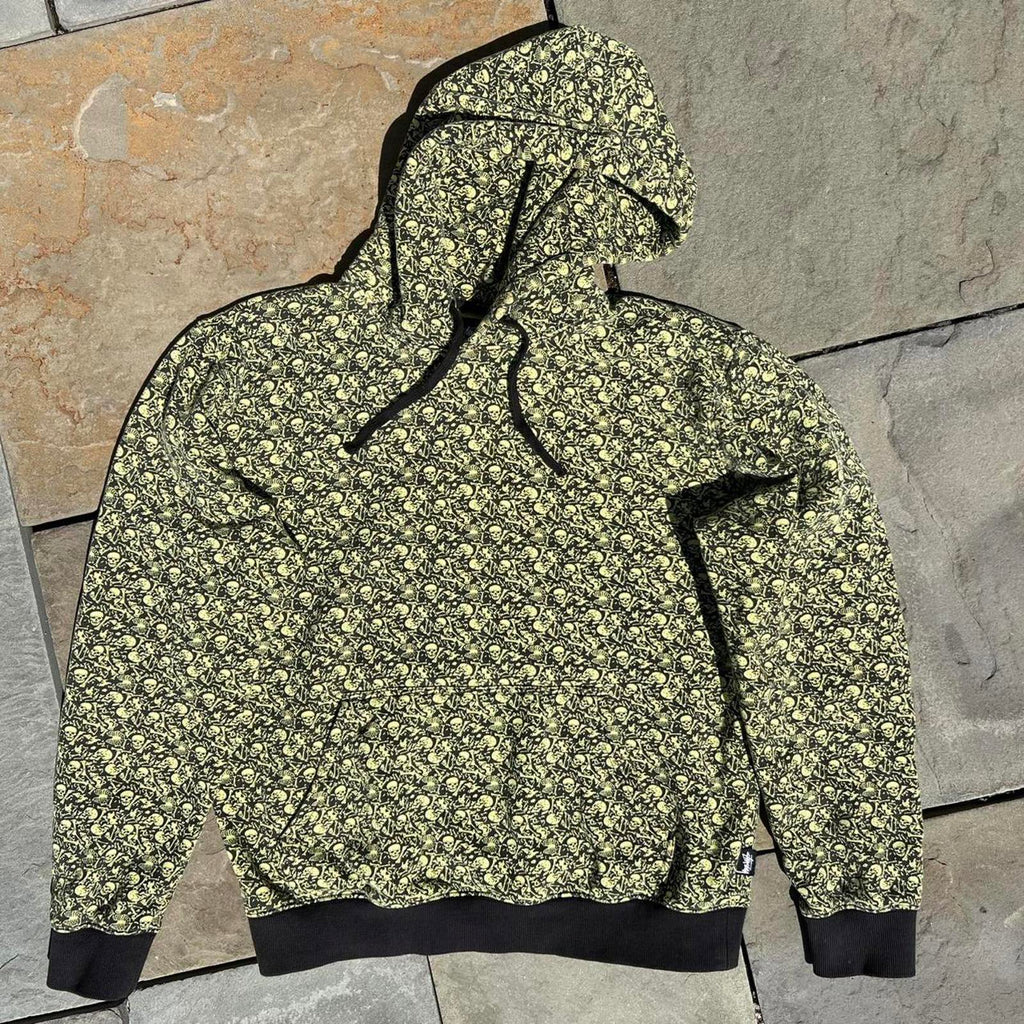 Stussy Rare Skull + Bones Pattern Hoodie Highlighter Yellow