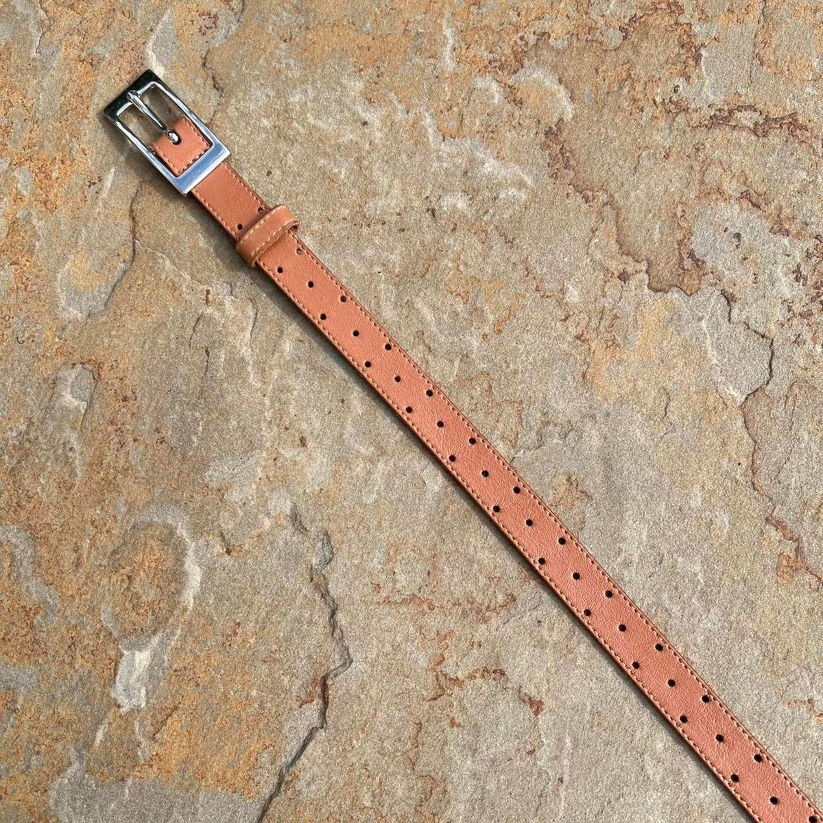 Y2K Light Brown Leather Hole Punch Design Belt Made in Italy