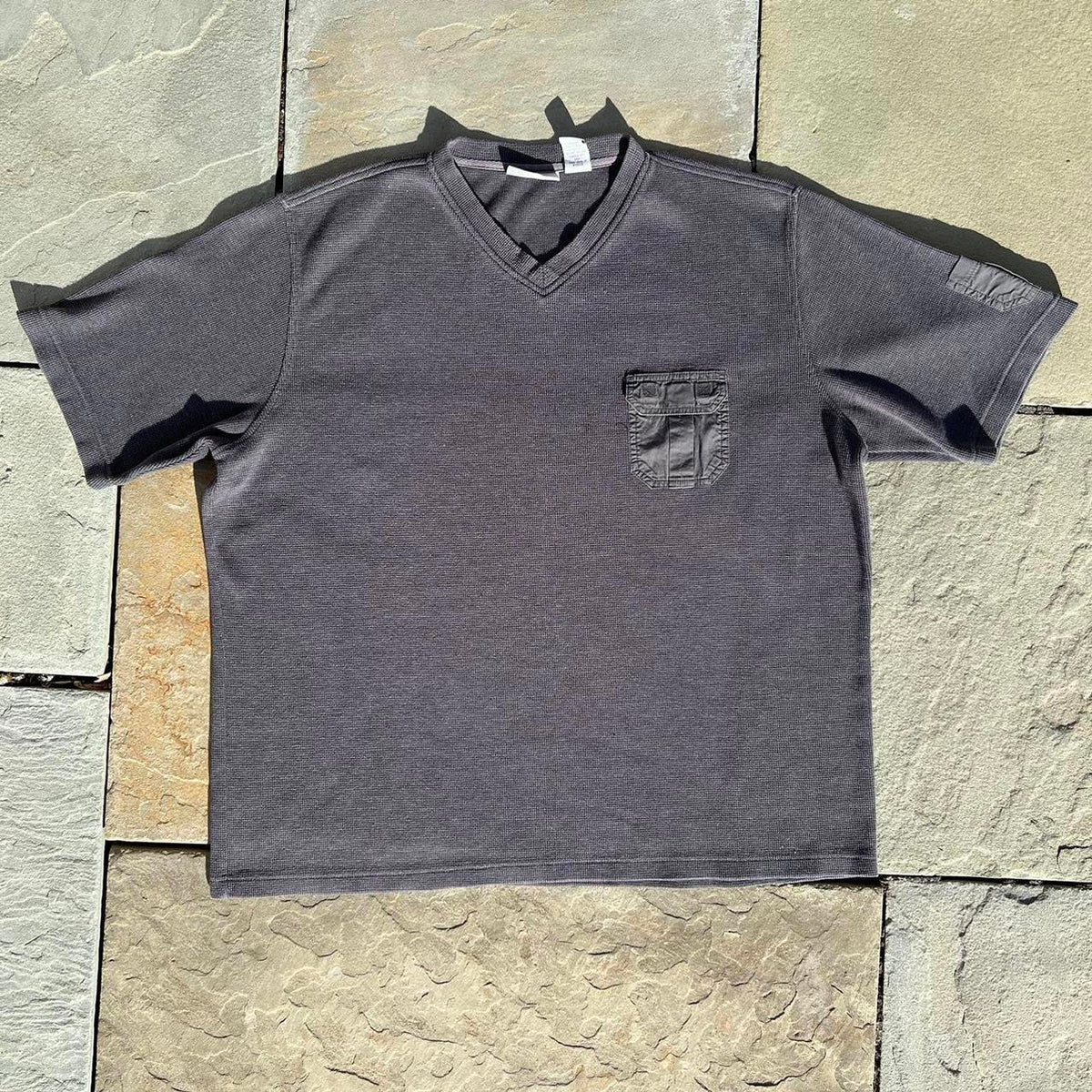 Y2K Dark Grey Waffle Knit Utility V-Neck T-shirt Made in USA