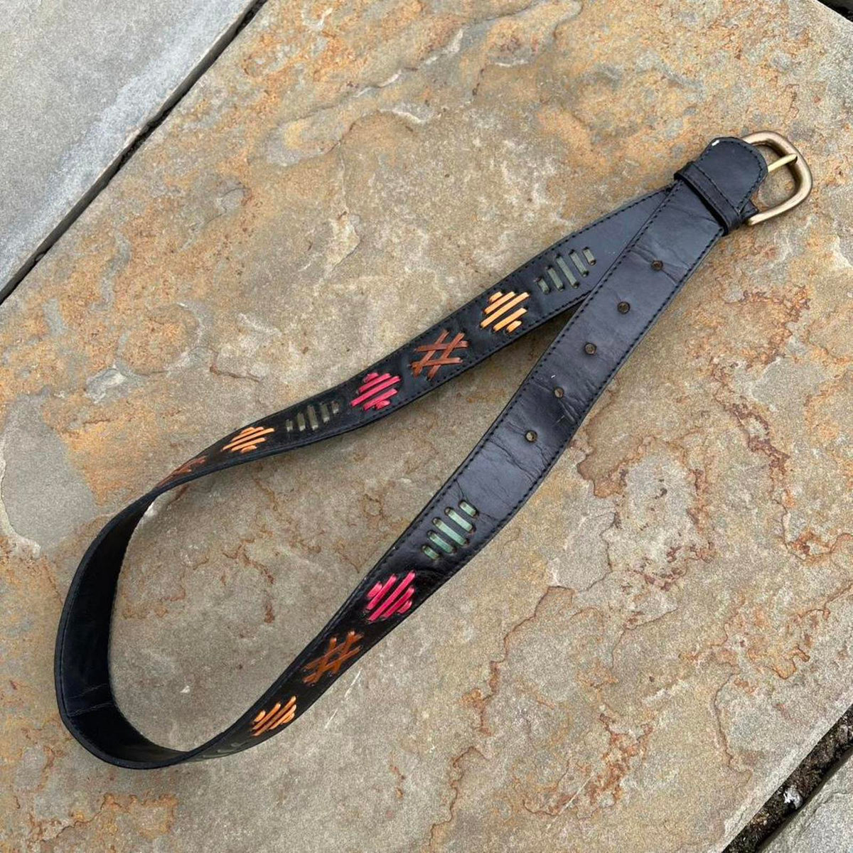 Neo-Vintage 90s Leather Multi-color Woven Design Black Belt