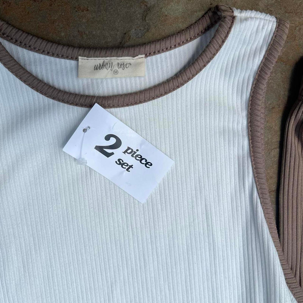 NWT 2 Piece White/Brown Tank Top + Flowy Pants Made in USA