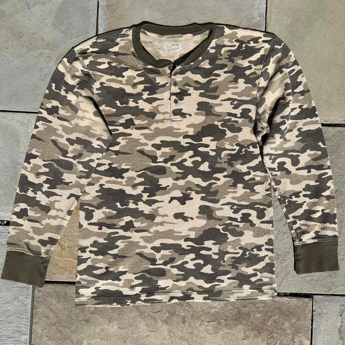 Y2K Tan Camo Waffle Knit Thermal Henley