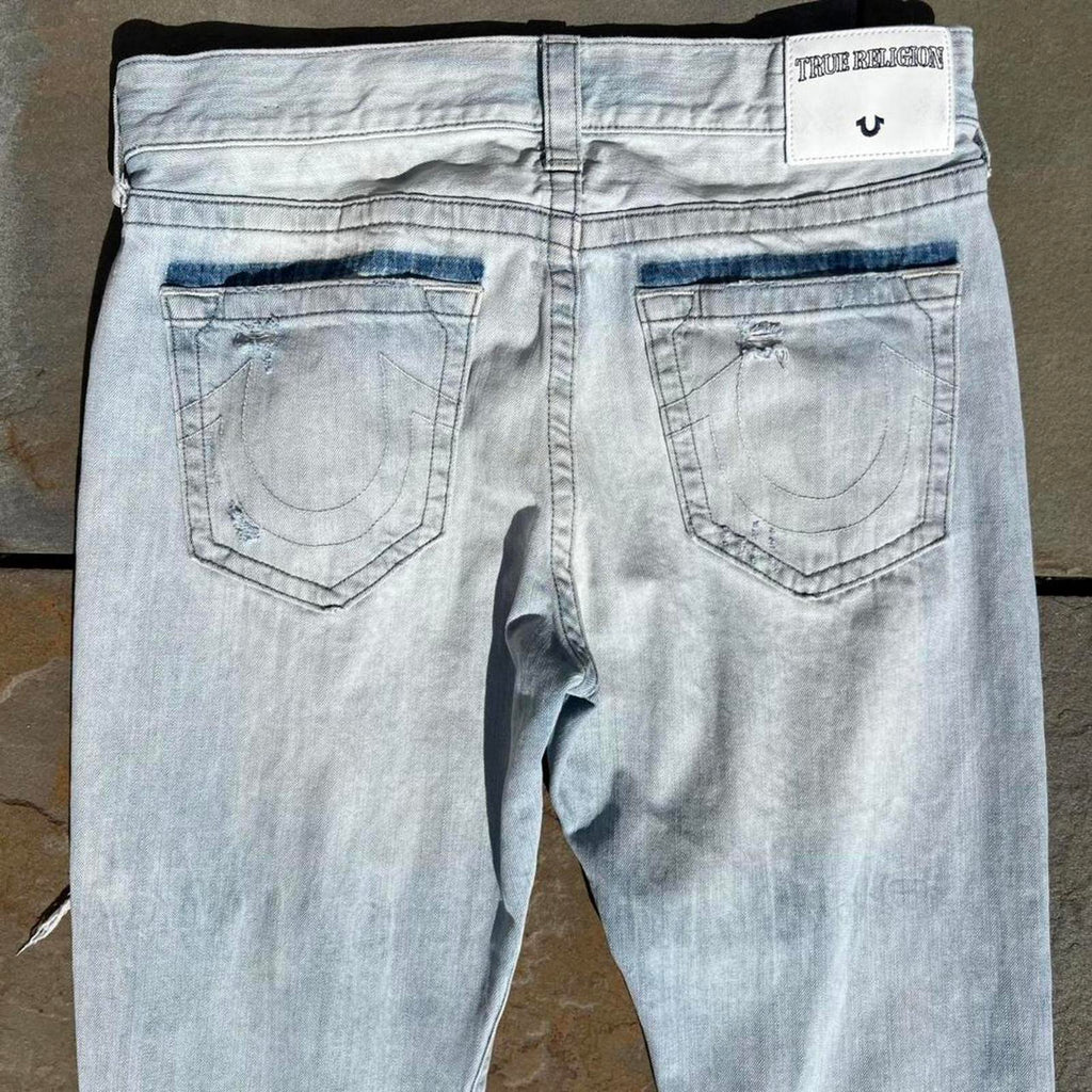 True Religion Distressed Light Wash Slouchy Tapered Jeans 32