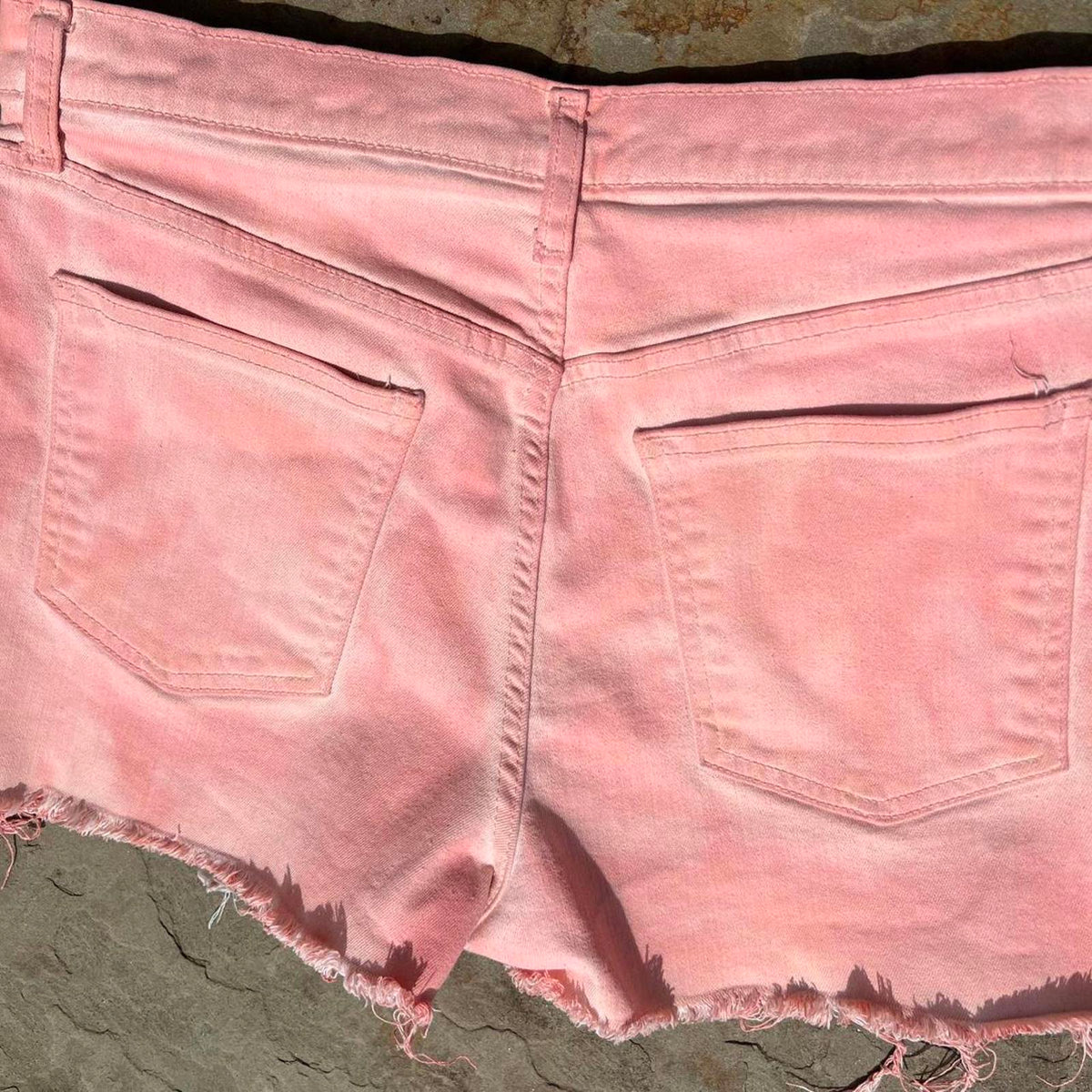 Pink Peach Overdyed Reworked Frayed Denim Shorts