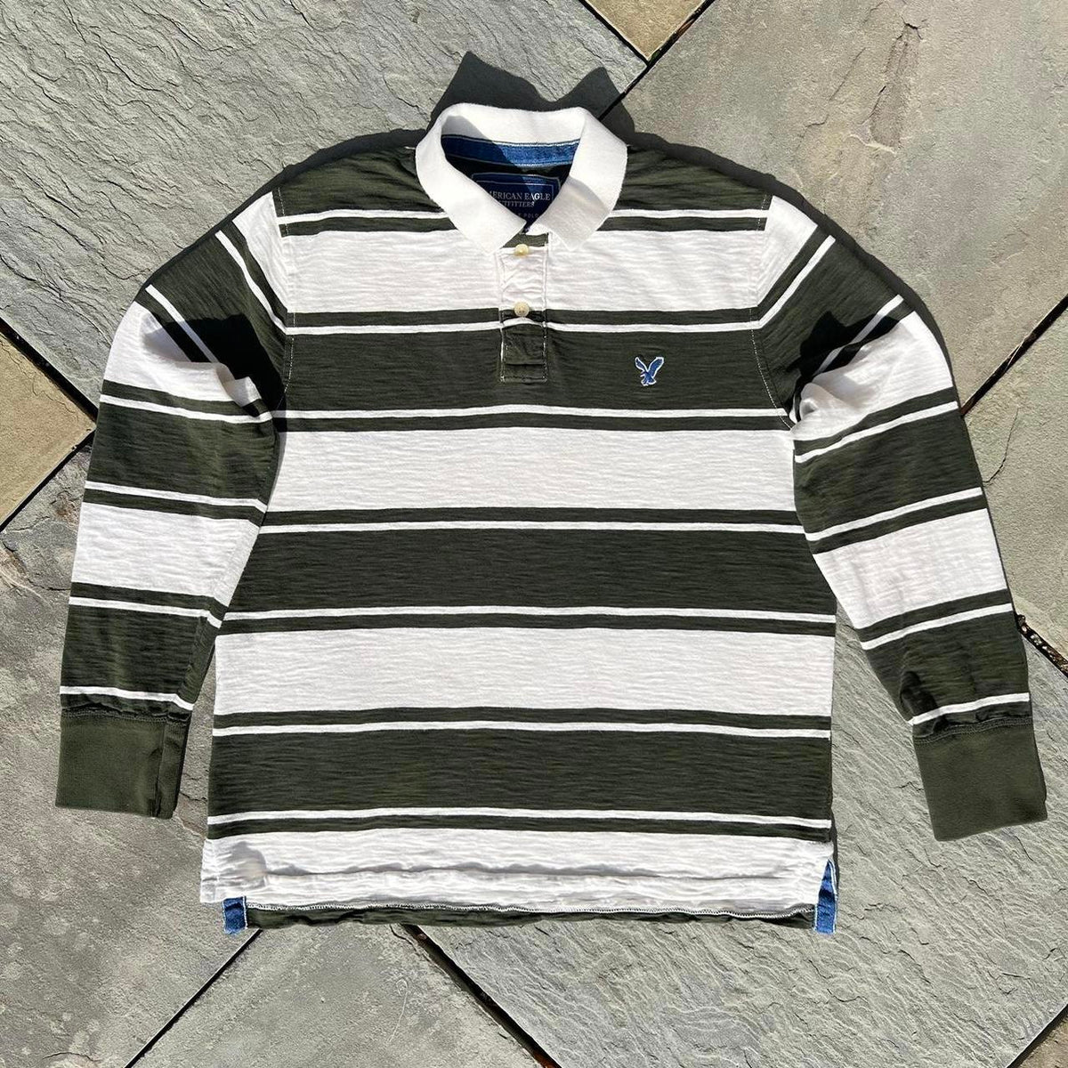 Green and White Thick Striped Slub Rugby Polo